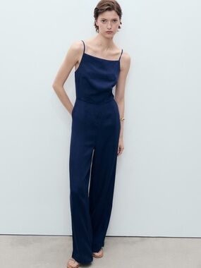Mango Navy Wide-Leg Spaghetti-Strap Jumpsuit